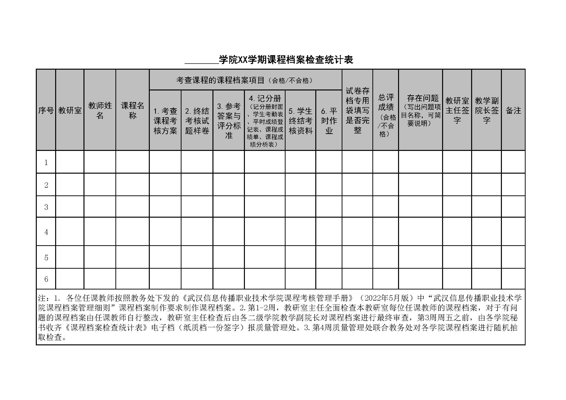 考查課程檔案檢查統(tǒng)計(jì)表